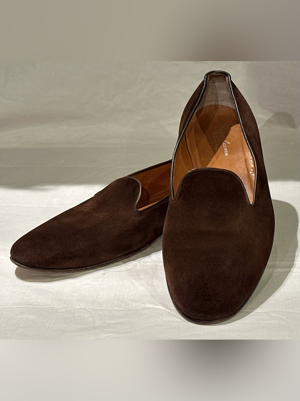 $1195 RALPH LAUREN PURPLE LABEL SHOES 13 D BROWN SUEDE SLIPPERS SLIP ON LOAFER
